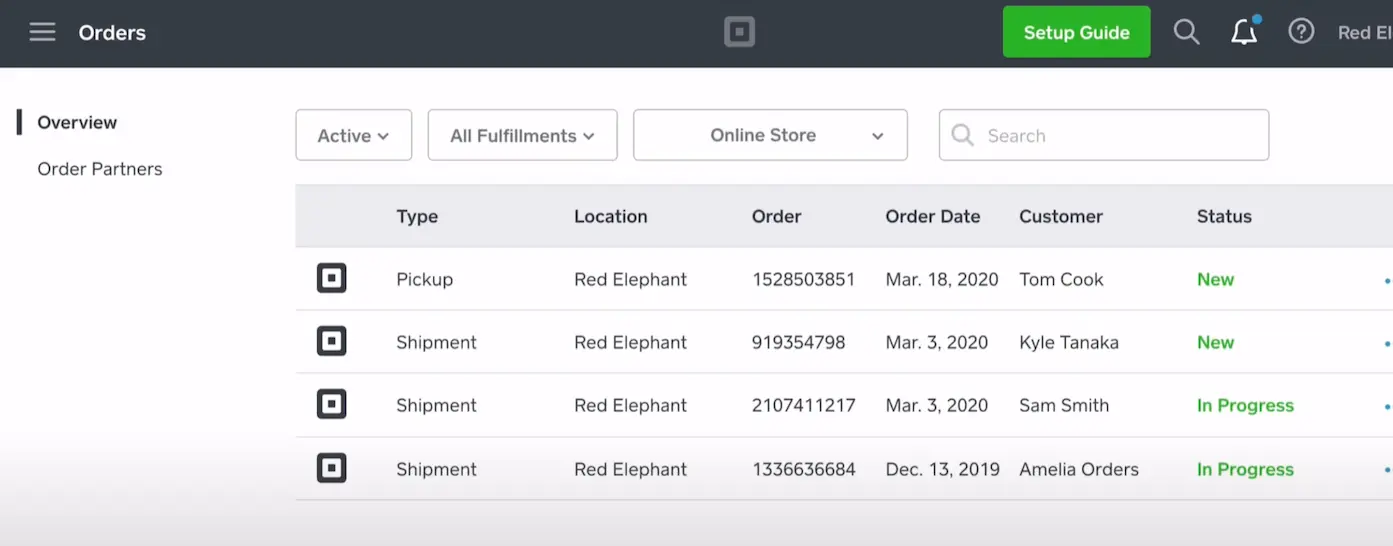 Square orders dashboard.